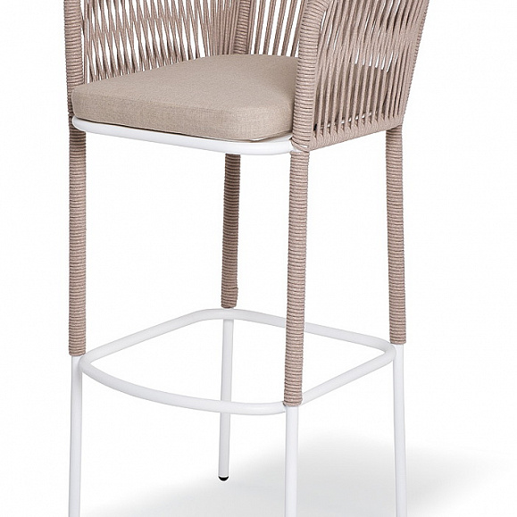 Марсель стул барный плетеный из роупа, каркас из стали белый муар, роуп бежевый круглый, ткань бежевая 15052 фото 1