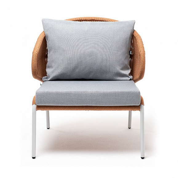 Кресло плетеное Милан 4SIS из роупа, каркас алюминий светло-серый (RAL7035) шагрень, роуп оранжевый меланж круглый, ткань светло-серая фото 2
