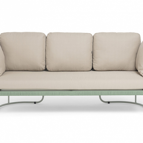 Фиджи диван 3-местный плетеный из роупа, каркас алюминий светло-серый (RAL7035) муар, роуп зеленый (4204) круглый tex, ткань Mossle бежевая фото 3