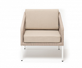 Канны кресло плетеное из роупа, каркас алюминий белый, муар, роуп бежевый круглый, ткань бежевая 035