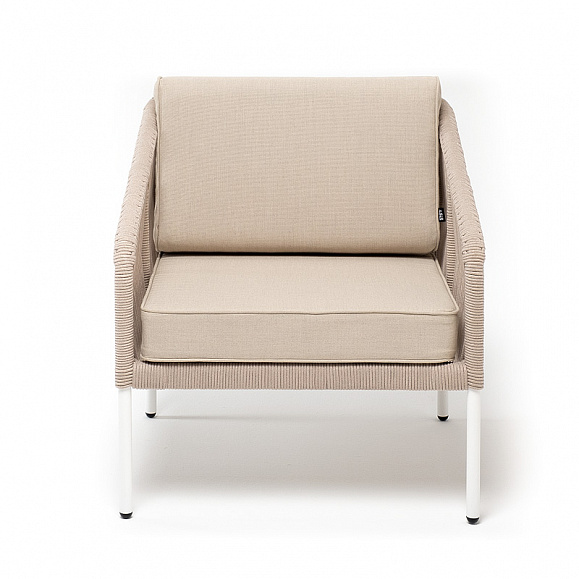 Канны кресло плетеное из роупа, каркас алюминий белый, муар, роуп бежевый круглый, ткань бежевая 035 фото 2