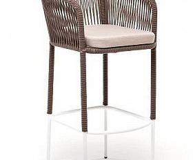 Стул Марсель 4SIS барный плетеный из роупа, каркас из стали белый муар, роуп коричневый круглый, ткань бежевая 52
