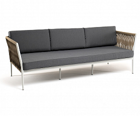 Касабланка диван 3-местный плетеный из роупа, каркас алюминий светло-серый (RAL7035) муар, роуп серо-коричневый 23мм, ткань серая 017