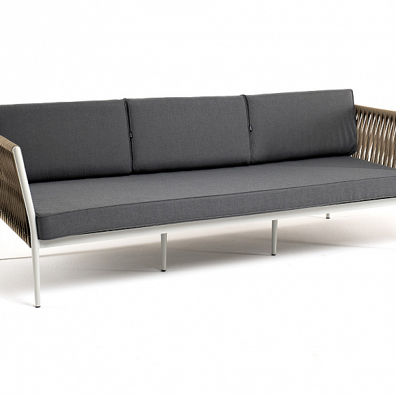 Касабланка диван 3-местный плетеный из роупа, каркас алюминий светло-серый (RAL7035) муар, роуп серо-коричневый 23мм, ткань серая 017 фото 3