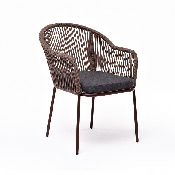 Лион стул плетеный из роупа, каркас из стали коричневый (RAL8016) муар, роуп коричневый круглый, ткань бежевая фото 3