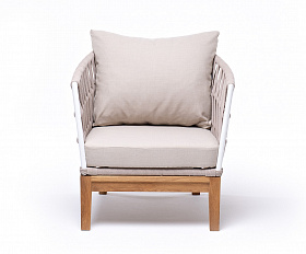 Диего кресло плетеное из роупа, основание дуб, каркас алюминий светло-серый (RAL7035) шагрень, роуп бежевый круглый, ткань бежевая 15052