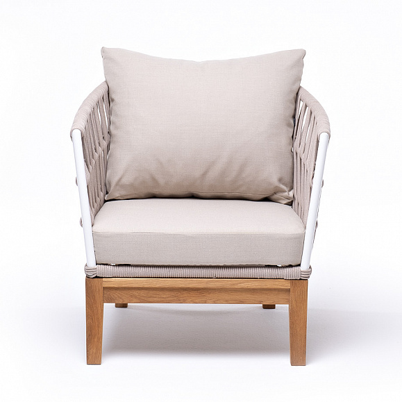 Диего кресло плетеное из роупа, основание дуб, каркас алюминий светло-серый (RAL7035) шагрень, роуп бежевый круглый, ткань бежевая 15052 фото 2