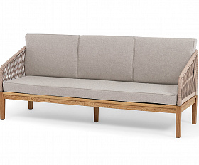 Канны диван 3-местный плетеный из роупа, основание дуб, роуп бежевый круглый, ткань бежевая 15052