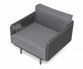 Джелло кресло плетеное из роупа, каркас алюминий темно-серый (RAL7024) муар, роуп темно-серый круглый, ткань темно-серая 027