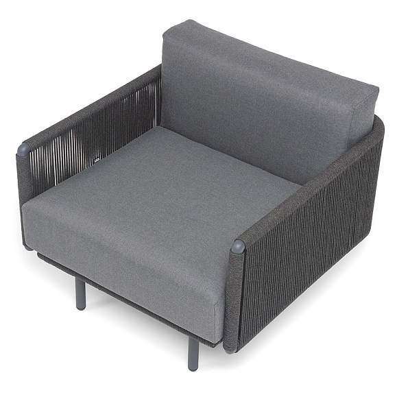 Джелло кресло плетеное из роупа, каркас алюминий темно-серый (RAL7024) муар, роуп темно-серый круглый, ткань темно-серая 027 фото 4