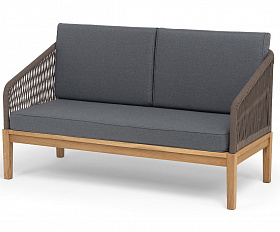 Канны диван 2-местный плетеный из роупа, основание дуб, роуп коричневый круглый, ткань темно-серая 027 NEW