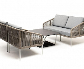 Лаунж-зона Канны 4-местная из роупа со столом Глория (серый гранит), каркас алюминиевый светло-серый, роуп серый меланж