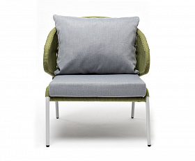 Кресло плетеное Милан 4SIS из роупа, каркас алюминий светло-серый (RAL7035) шагрень, роуп салатовый меланж круглый, ткань светло-серая