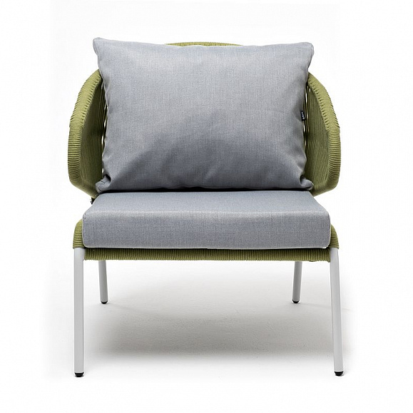 Кресло плетеное Милан 4SIS из роупа, каркас алюминий светло-серый (RAL7035) шагрень, роуп салатовый меланж круглый, ткань светло-серая фото 3