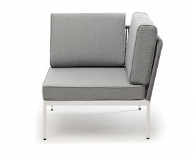 Канны угловой модуль плетеный из роупа, каркас алюминий белый муар, роуп светло-серый круглый, ткань светло-серая