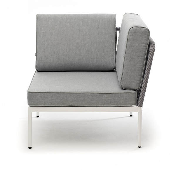 Канны угловой модуль плетеный из роупа, каркас алюминий белый муар, роуп светло-серый круглый, ткань светло-серая фото 2