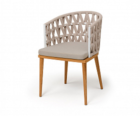 Диего стул плетеный из роупа, основание дуб каркас из стали белый муар, роуп бежевый круглый, ткань бежевая 052