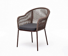 Стул Лион 4SIS плетеный из роупа, каркас из стали коричневый (RAL8016) муар, роуп коричневый круглый, ткань темно-серая 27