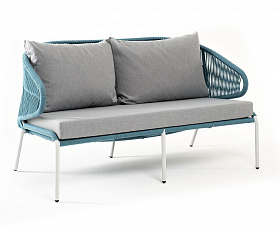 Диван двухместный Милан 4SIS из роупа (веревки), каркас алюминий светло-серый (RAL7035) шагрень, роуп бирюзовый круглый, ткань светло-серая