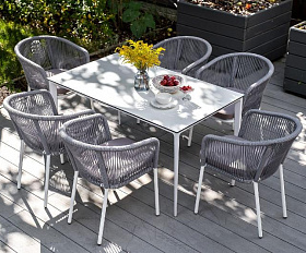 Обеденная группа Малага 4SIS на 6 персон со стульями "Марсель", каркас белый, роуп светло-серый