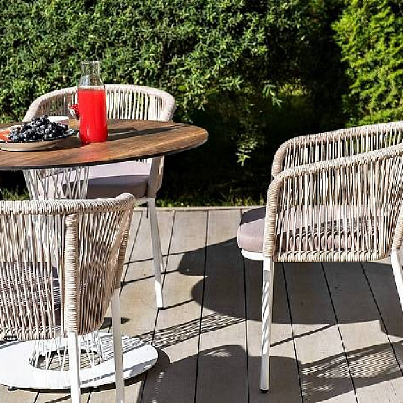 Стул Марсель 4SIS плетеный из роупа, каркас алюминий белый муар, роуп бежевый круглый, ткань бежевая 52 фото 2