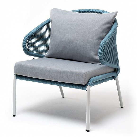 Кресло плетеное Милан 4SIS из роупа, каркас алюминий светло-серый (RAL7035) шагрень, роуп бирюзовый круглый, ткань светло-серая фото 1