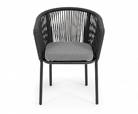 Марсель стул плетеный из роупа, каркас алюминий черный муар, роуп темно-серый круглый, ткань темно-серая 027