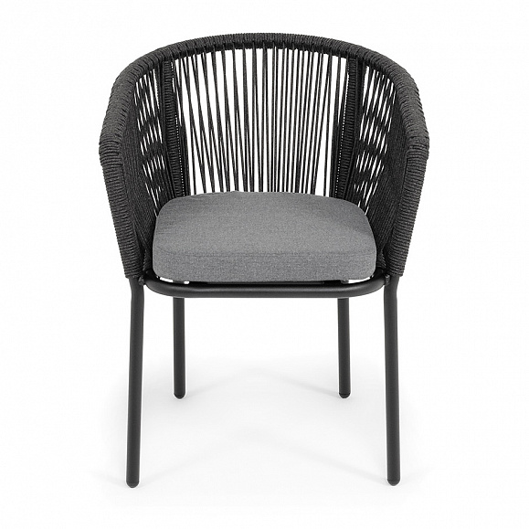 Марсель стул плетеный из роупа, каркас алюминий черный муар, роуп темно-серый круглый, ткань темно-серая 027 фото 3