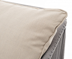 Канны диван 3-местный плетеный из роупа, каркас алюминий белый муар, роуп светло-серый круглый, ткань бежевая 15052