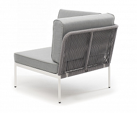 Канны угловой модуль плетеный из роупа, каркас алюминий белый муар, роуп светло-серый круглый, ткань светло-серая