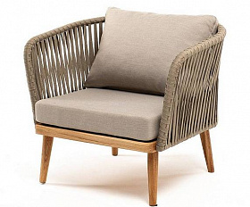 Кресло Мальорка 4SIS плетеное из роупа, основание дуб, роуп серо-коричневый 23мм, ткань бежевая 52