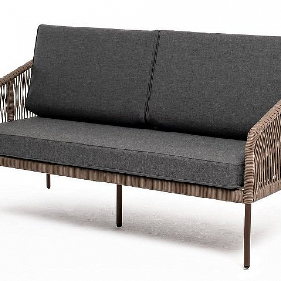 Диван Канны 4SIS 2-местный плетеный из роупа, каркас алюминий коричневый (RAL8016) муар, роуп коричневый круглый, ткань темно-серая 27 фото 1