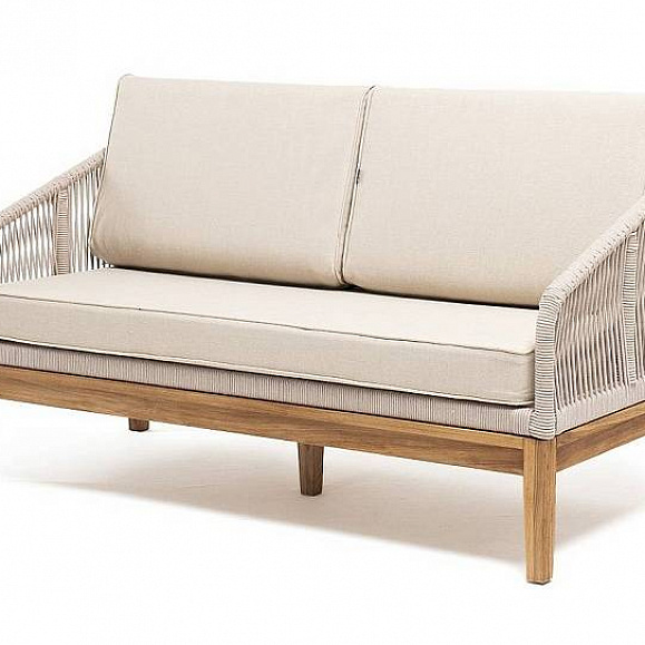 Диван Канны 4SIS 2-местный плетеный из роупа, основание дуб, роуп бежевый круглый, ткань бежевая 15052 фото 1