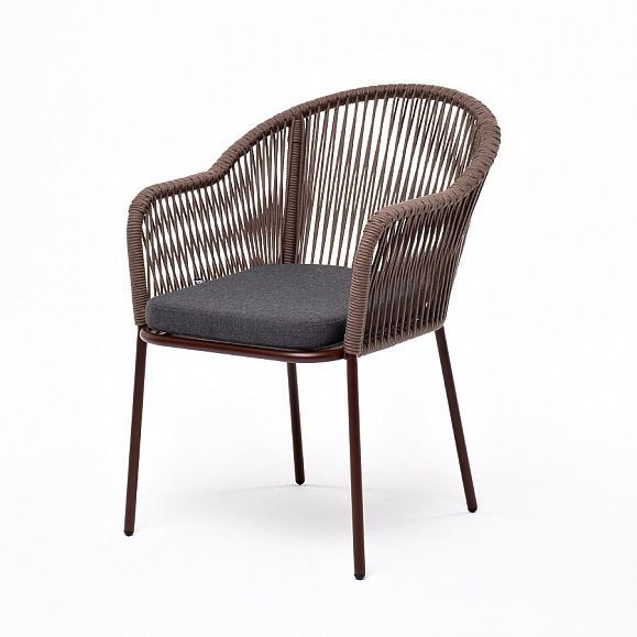 Лион стул плетеный из роупа, каркас из стали коричневый (RAL8016) муар, роуп коричневый круглый, ткань бежевая фото 1