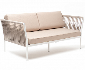 Касабланка диван 2-местный плетеный из роупа, каркас алюминий светло-серый (RAL7035) муар, роуп серо-коричневый 23мм, ткань бежевая 15052