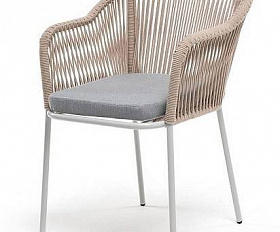 Стул Лион 4SIS плетеный из роупа, каркас из стали светло-серый (RAL7035) муар, роуп бежевый круглый, ткань светло-серая