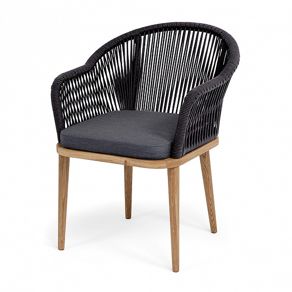 Лион стул плетеный из роупа, основание дуб, роуп темно-серый круглый, ткань темно-серая 027 фото 1