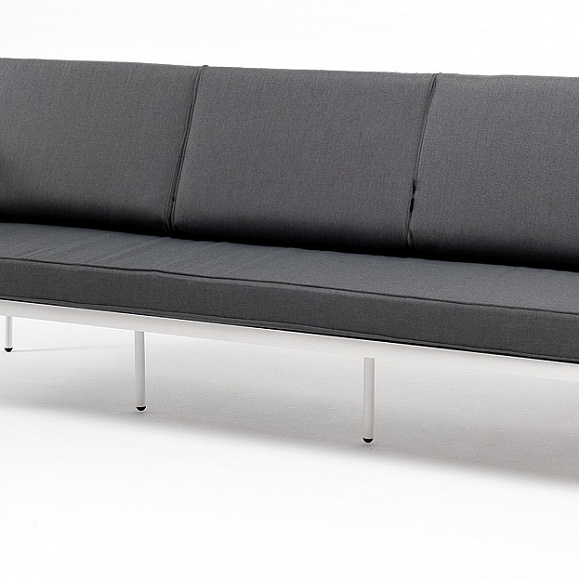 Канны диван 3-местный плетеный из роупа, каркас алюминий белый муар, роуп светло-серый круглый, ткань темно-серая 027 фото 1