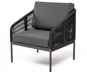 Кресло Канны 4SIS плетеное из роупа, каркас алюминий темно-серый (RAL7024) муар, роуп темно-серый круглый, ткань темно-серая 27 высота посадки 45 см