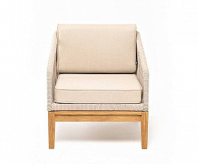 Кресло Канны 4SIS плетеное из роупа, основание дуб, роуп бежевый круглый, ткань бежевая 52