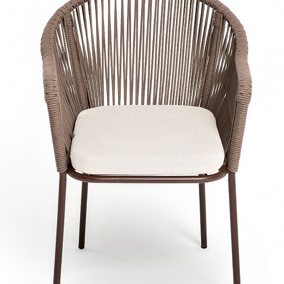 Лион стул плетеный из роупа, каркас из стали коричневый (RAL8016) муар, роуп коричневый круглый, ткань бежевая 15052 фото 2