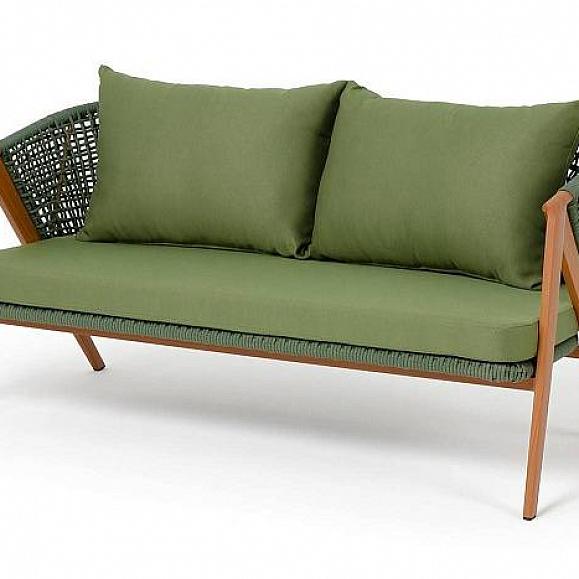 Диван Амстердам 4SIS 2-местный плетеный из роупа, каркас алюминий, роуп зеленый круглый, ткань зеленая фото 1