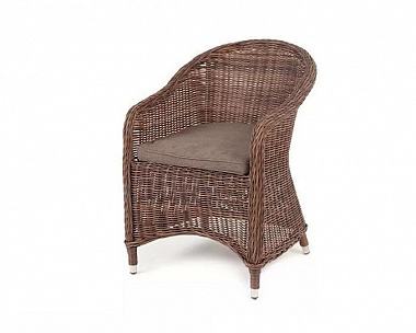 Плетеное кресло Равенна 4SIS из искусственного ротанга, цвет коричневый с серой подушкой