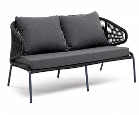 Диван двухместный Милан 4SIS из роупа (веревки), каркас алюминий темно-серый (RAL7024), роуп темно-серый круглый, ткань темно-серая