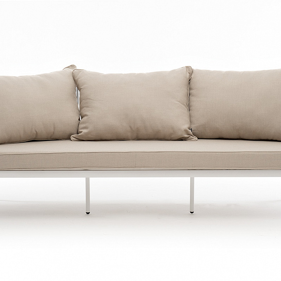 Канны диван 3-местный плетеный из роупа, каркас алюминий белый муар, роуп светло-серый круглый, ткань бежевая 15052 фото 2