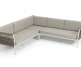 Касабланка диван модульный плетеный из роупа, каркас алюминий, роуп серо-коричневый 23мм, ткань бежевая 15052