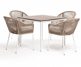 Обеденная группа Малага 4SIS на 4 персоны со стульями "Лион", каркас белый, роуп бежевый