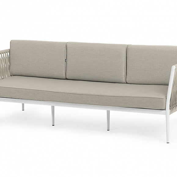 Касабланка диван 3-местный плетеный из роупа, каркас алюминий белый муар, роуп бежевый 20мм, ткань бежевая 052 фото 1