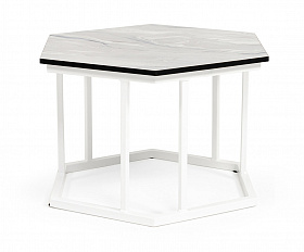 Женева интерьерный стол из HPL шестиугольный, D50, H35, цвет мрамор пепел, каркас из стали белый муар