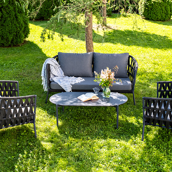 Диего лаунж-зона 4-местная плетеная из роупа (веревки), каркас алюминиевый темно-серый, роуп темно-серый фото 1